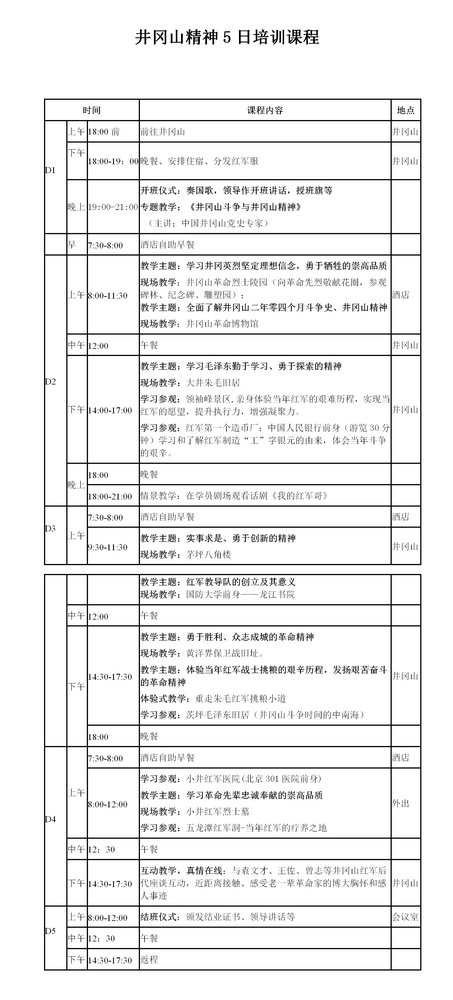 井冈山精神5日培训课程