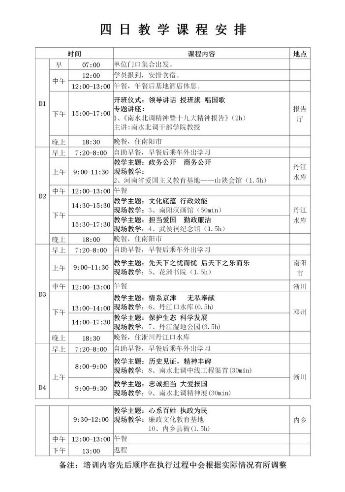 南水北调精神4日教学课程安排