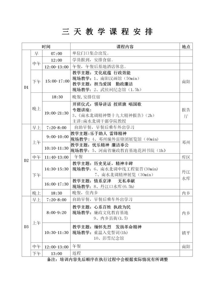 南水北调精神3日教学课程安排