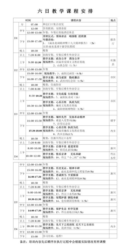 南水北调精神6日教学课程安排