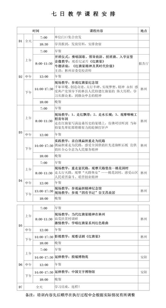 红旗渠精神7日教学课程安排