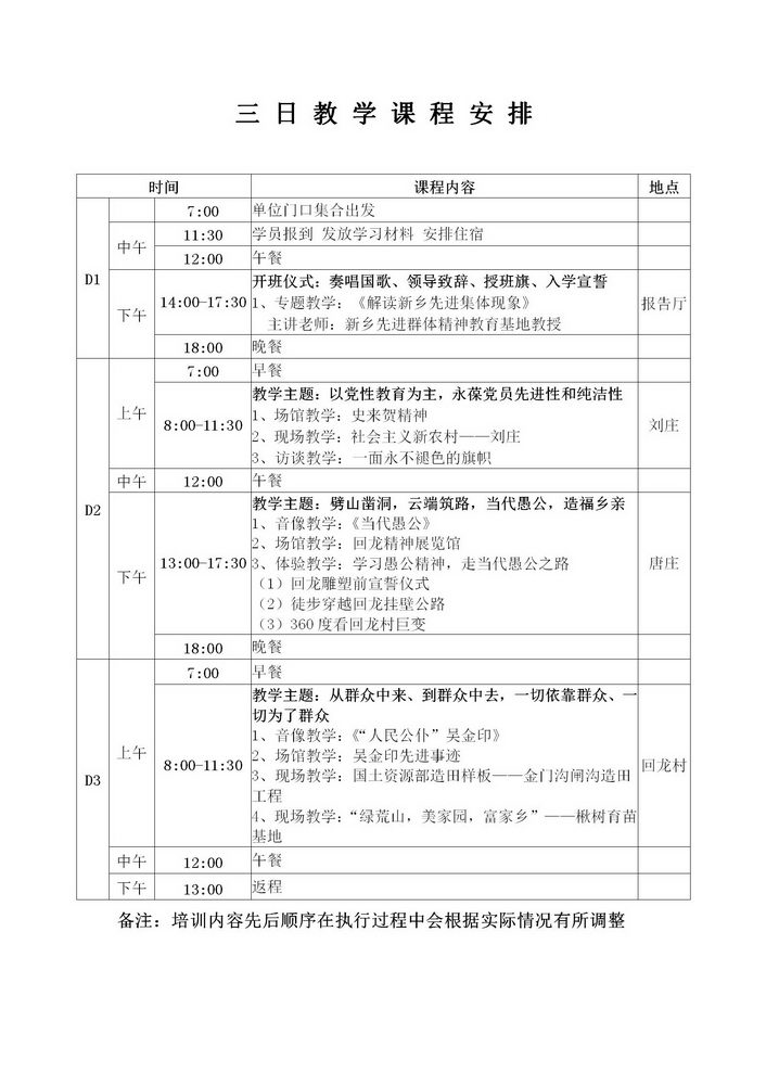 新乡先进群体精神3日教学课程安排