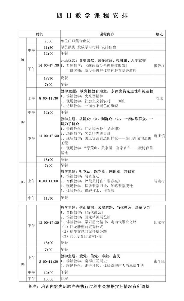 新乡先进群体精神4日教学课程安排